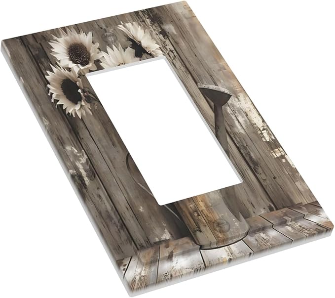 Rustic Floral Country Sunflower Daisy Old Wooden Boards Decorative Outlet Covers 1 Gang Single Rocker Light Switch Cover Plate Wall Plates GFCI Faceplate for Farmhouse Home Decor