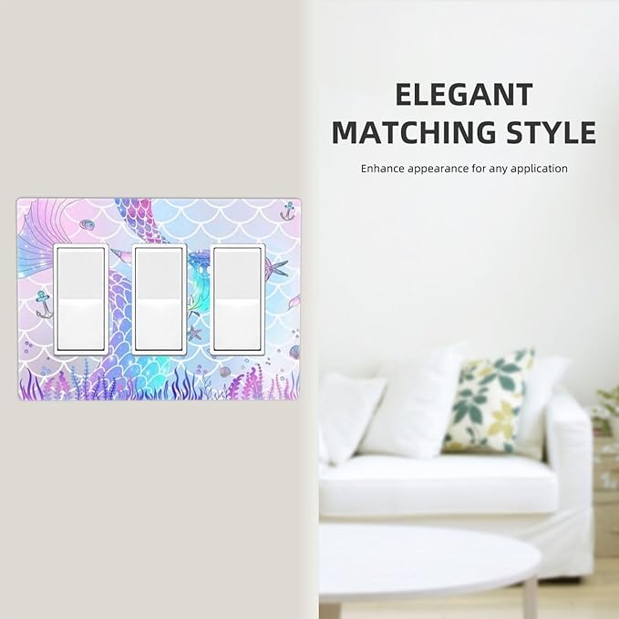 Cartoon Pink Girl Mermaid Scales Tail 3 Gang Triple Rocker/Decorator Light Switch Wall Plate Cover Decorative GFCI Electrical Faceplate Switchplate Dimmer
