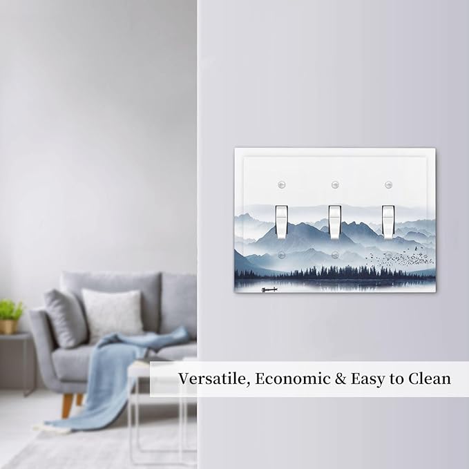 Decorative Switch Plates Mountain Foggy Lake Boat Grey Blue Forest Birds 3 Gang Wall Plate Faceplate Triple Toggle Light Switch Cover Electrical Wall Panels for Bedroom living Room Decor
