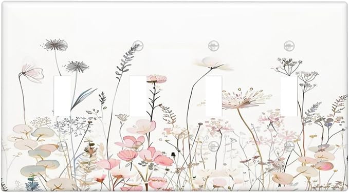 Floral Watercolor Wildflower Dandelion Plant Light Switch Covers Quad Toggle Electrical Faceplate 4 Gang Wall Plate Decorative Switch Plates for Farmhouse Bed Room Decor