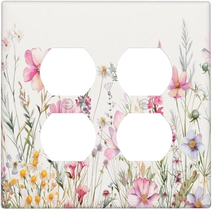 Pink Floral Wild Flowers Watercolor Plants Outlet Covers 2 Gang Double Duplex Decorative Light Switch Covers Electrical Wallplates Socket Faceplate for Bedroom Living Room Decor