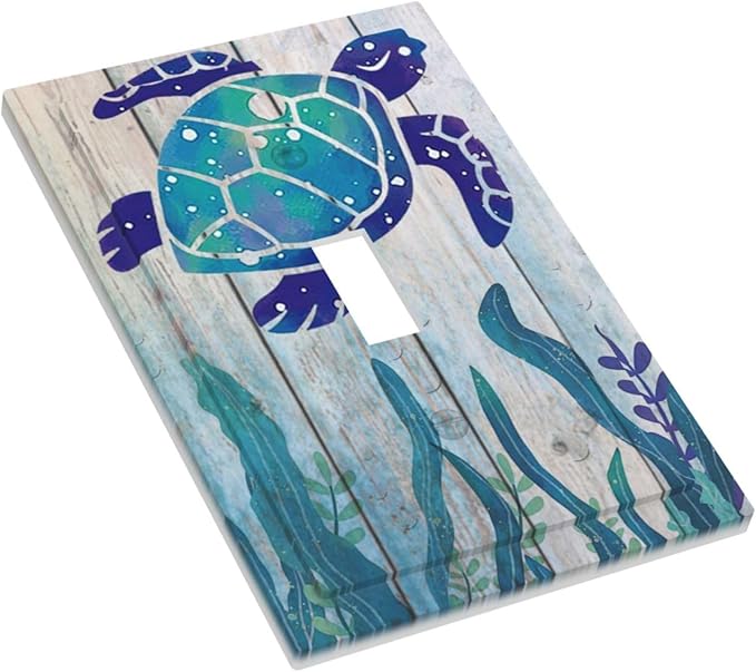 Sea Turtle Grass Seaweed on Rustic Wooden Board Single Toggle Wall Plate Covers 1 Gang Light Switch Cover Ocean Grass Seaweed Faceplate Decorative Electrical for Bathroom Kitchen Home Decor