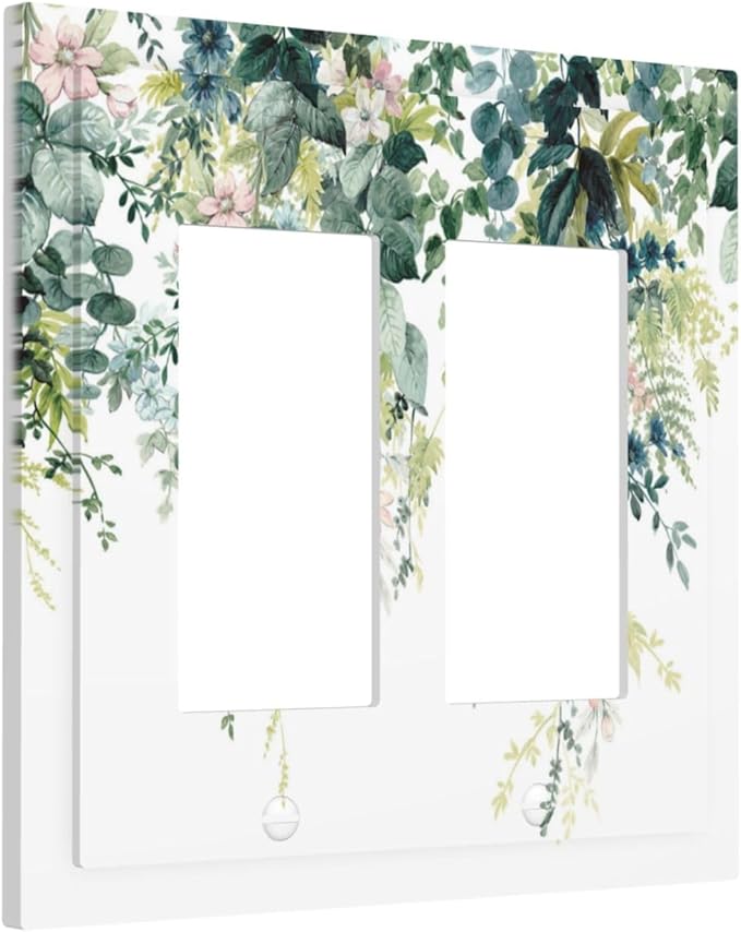Colorful Plant Flower Sage Eucalyptus Leaves Decorative Outlet Covers 2 Gang Double GFCI Rocker Electrical Wall Panels Light Switch Cover Plate for Bedroom Living Room Decor