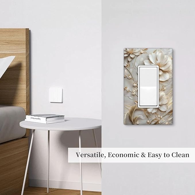 Decorative Art Light Switch Covers Elegant White and Gold Florals 1 Gang Rocker Outlet Wall Plate Switchplate Electrical Faceplate for Home Decor