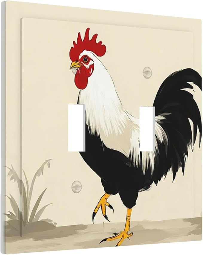 Watercolor Rooster Double Toggle Switch Cover - 2-Gang Standard US Size Farmhouse Rooster Light Switch Covers for Kitchen Living Room Dining Room Decor