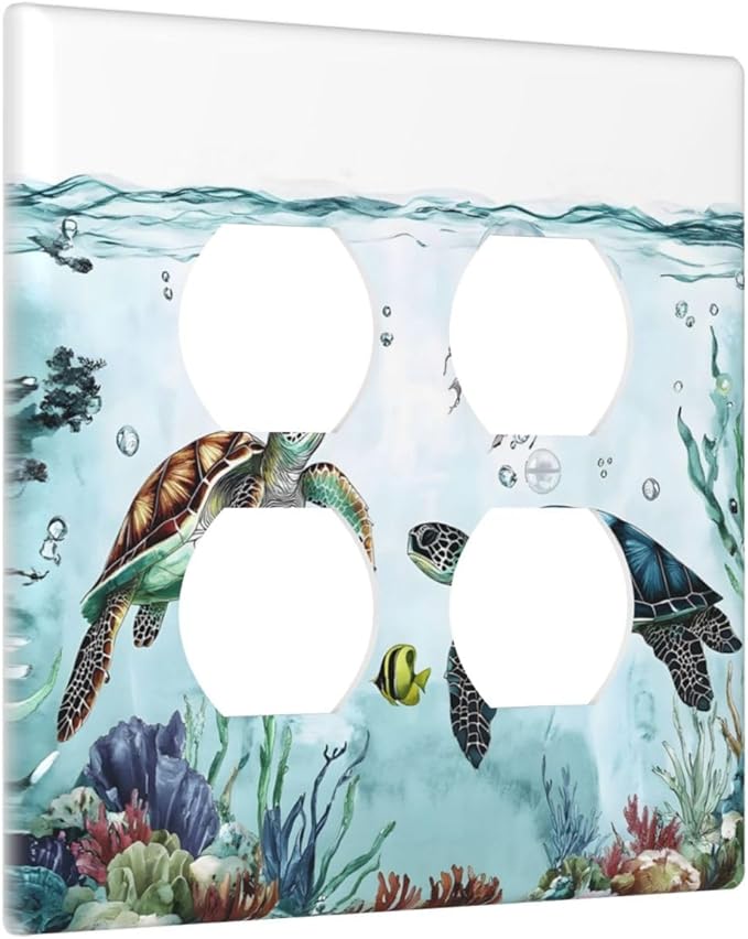 Sea Turtles Sea Coral Seaweed Ocean Jellyfish Outlet Covers 2 Gang Double Duplex Decorative Light Switch Covers Electrical Wallplates Socket Faceplate for Kids Room Bathroom Decor