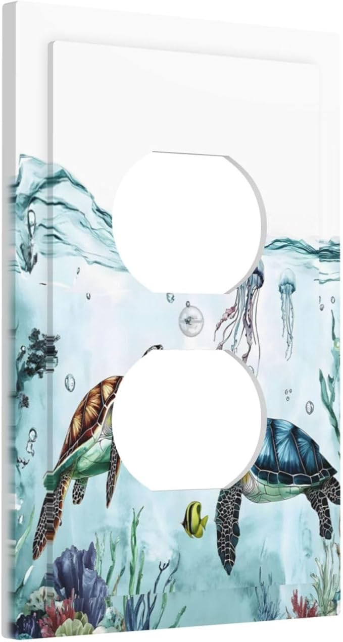 Sea Turtles Sea Coral Seaweed Ocean Jellyfish Outlet Covers 1 Gang Duplex Light Switch Cover Decorative Switch Plates Electrical Receptacle Faceplate Wall Plate for Kids Room Bathroom Decor