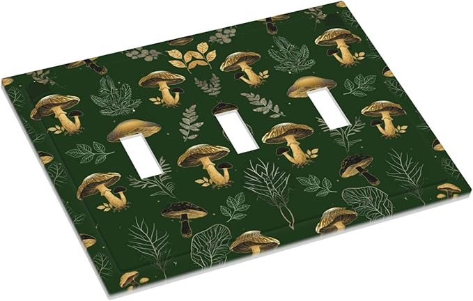 Decorative Light Switch Cover Plate Cute Gold Mushtroom Green Plant Leaf 3 Gang Wall Plates for Electrical Outlets Triple Toggle Switch Plate Covers Outlet Covers Faceplate for Home Decor