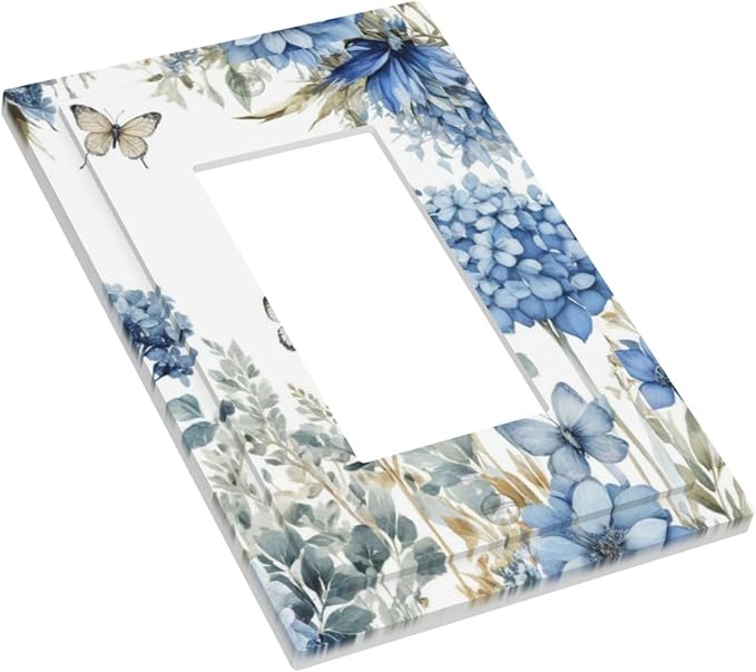 Decorative Outlet Covers Boho Blue Flowers Rustic Beige Butterfly Leaves 1 Gang Single Decora GFCI Device Light Switch Covers Plate 1 Rocker Wall Plate Jumbo Switch Cover Plate