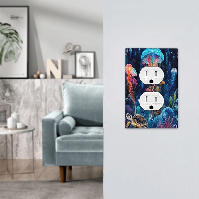 Jellyfish Sea Turtle Fantasy Ocean Coral Underwater World Outlet Covers 1 Gang Duplex Light Switch Cover Decorative Switch Plates Electrical Receptacle Faceplate Wall Plate for Nursery Kids Room Decor