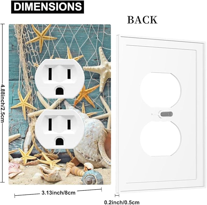 Rustic Coastal Seashell Duplex Wall Plate - 1-Gang Standard US Size Fisherman's Catch Beach Scene Outlet Covers for Bathroom Decor