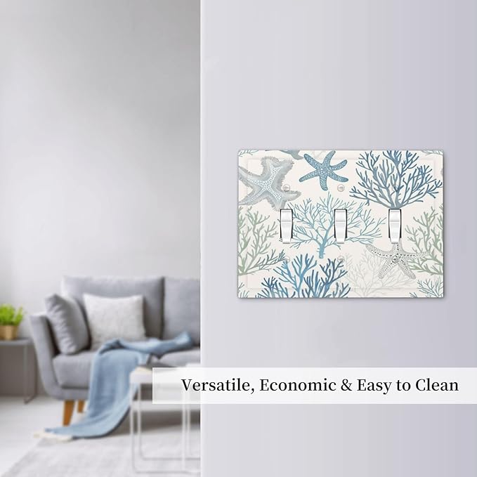 Decorative Switch Plates Ocean Beach Theme Starfish Seashell Coral 3 Gang Wall Plate Triple Toggle Light Switch Cover Faceplate Electrical Wall Panels For Bathroom Kids Room Decor