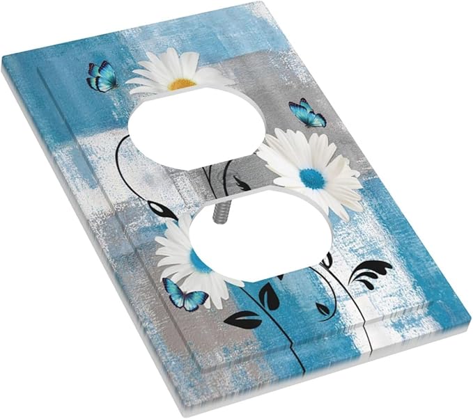 Rustic Daisy Teal Blue Floral Vintage Plant Single Duplex Wall Plate Covers Light Switch Cover 1 Gang Outlet Plate Decorative Switchplate Covers Electrical Faceplate for Farmhouse Bedroom Decor