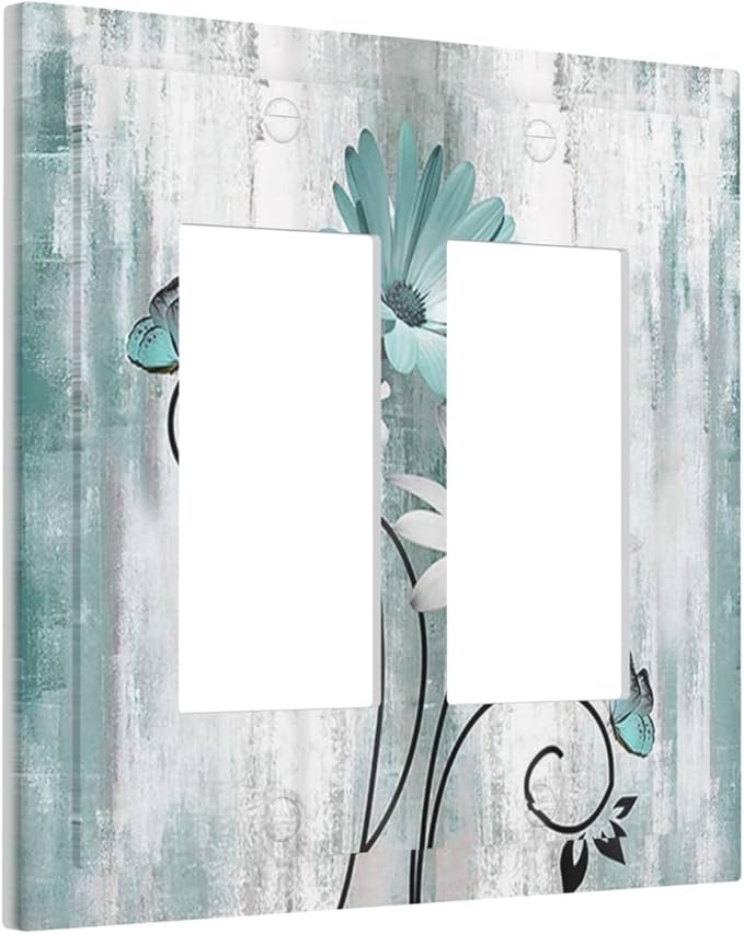 Teal Daisy Vintage Flower Butterfly Rustic Wood Print Decorative Outlet Covers 2 Gang Double GFCI Rocker Electrical Wall Panels Light Switch Cover Plate for Farmhouse Home Decor