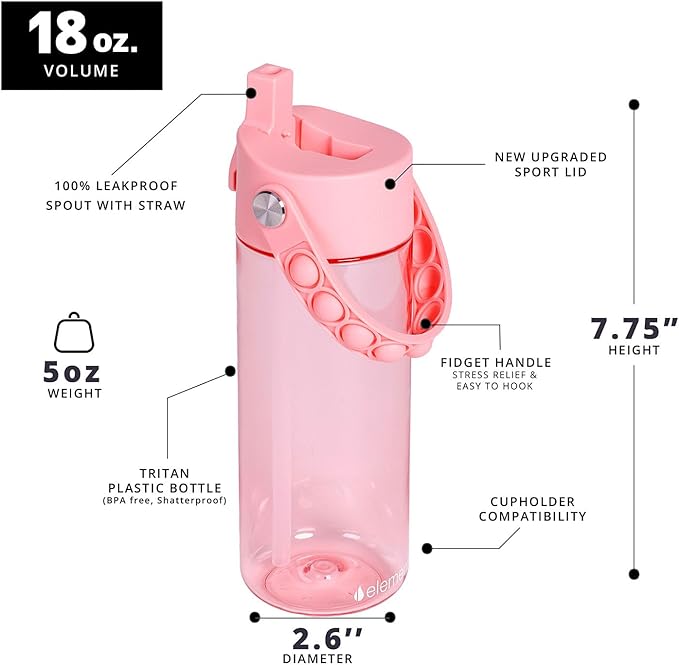 Elemental Leak Proof Water Bottles for Kids - Splash Kids Water Bottle for School with Pop-it Handle - Tritan Plastic Water Bottle with Straw - Fancy Frog Clear & Rose - 18oz (2 Pack)