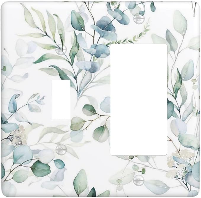 Watercolor Green Eucalyptus Saga Boho Leaves Decorative Single Toggle/Rocker Combo Light Switch Cover 2-Gang Electrical Wall Plate Botanical Double Combination Switch Decorator GFCI Receptacle Cover