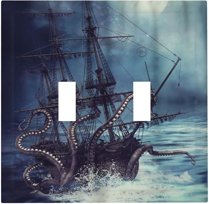 Octopus Ocean Kraken Nautical Pirate Ship Double Toggle Light Switch Covers Decorative Unique 2 Gang Wall Plate Dual Electrical Faceplate Switchplate for Kitchen Bathroom Living Room Decor