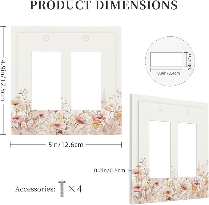 Decorative Outlet Covers Boho Floral Watercolor Flower Pattern 2 Gang Double Rocker Light Switch Cover Plate Electrical Switch Plate Cover Decorate GFCI Wall Plate for living Room Home Decor
