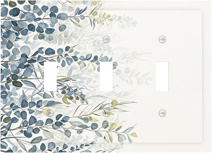 Decorative Switch Plate Cover with Green & Blue Watercolor Eucalyptus Botanical Foliage Design 3 Gang Artistic Wall Plate Unique Triple Toggle Light Switch Covers for Living Room Decor