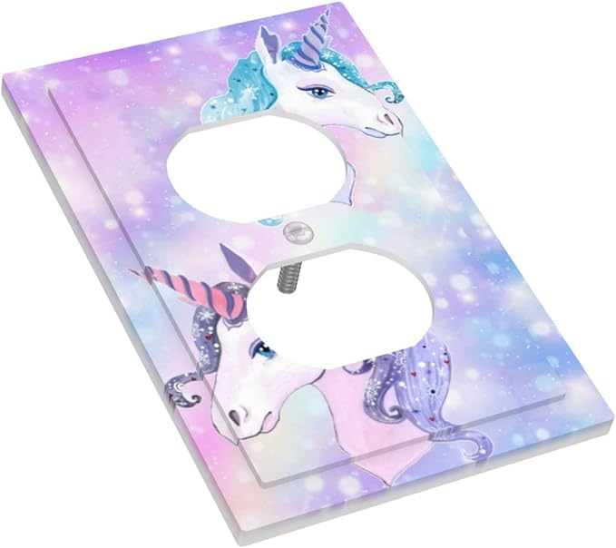 Purple/Blue Rainbow Unicorn 1 Gang Duplex Wall Plate Receptacle Outlet Covers Fantasy Cute Kawaii Kid Girl Star Cartoon Fairy Decorative Electrical Dual Device Light Switch Plug Socket Faceplate Cover