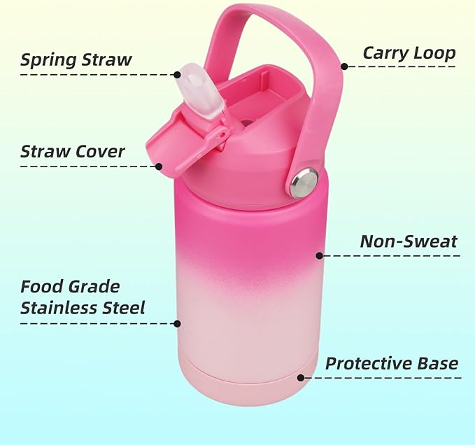 Konokyo Insulated Water Bottle with Straw Lid,12 oz Stainless Steel Vacuum Metal Bottle with Silicone Handle,Cherry Blossom