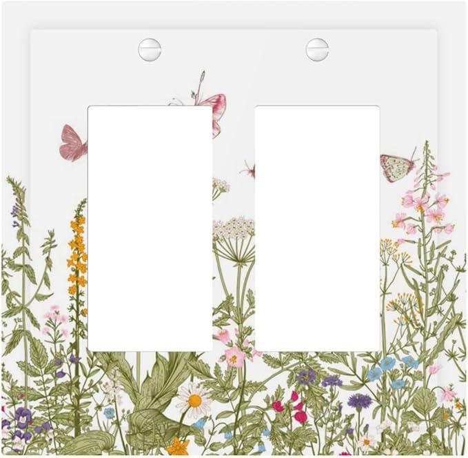 Colorful Butterfly Floral Plants Flower Vine Decorative Outlet Covers 2 Gang Double GFCI Rocker Electrical Wall Panels Light Switch Cover Plate for Bed Room Living Room Decor