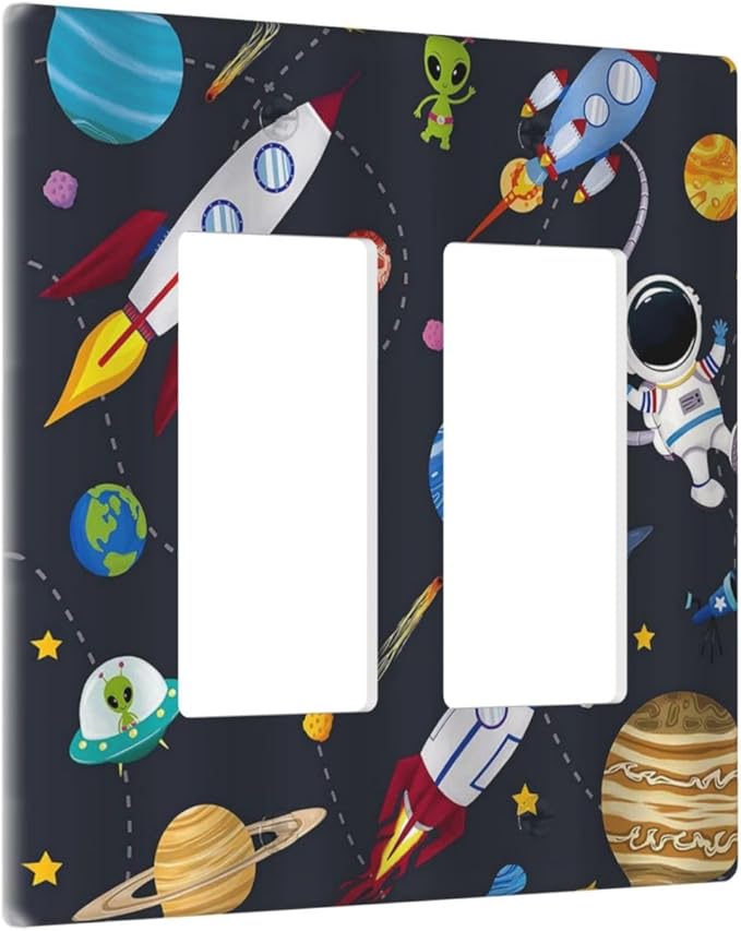 Rocket Planets Astronaut Blue Decorative Double Rocker Light Switch Cover 2 Gang Outlet Wall Plate Decorative GFCI Switchplate Electrical Faceplate for Nursery Kidsroom Bedroom Decor