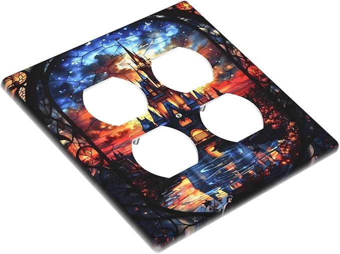 Medieval Fantasy Castle Magic Academy Outlet Covers 2 Gang Double Duplex Decorative Light Switch Covers Electrical Wallplates Socket Faceplate for Kids Room Bedroom Decor