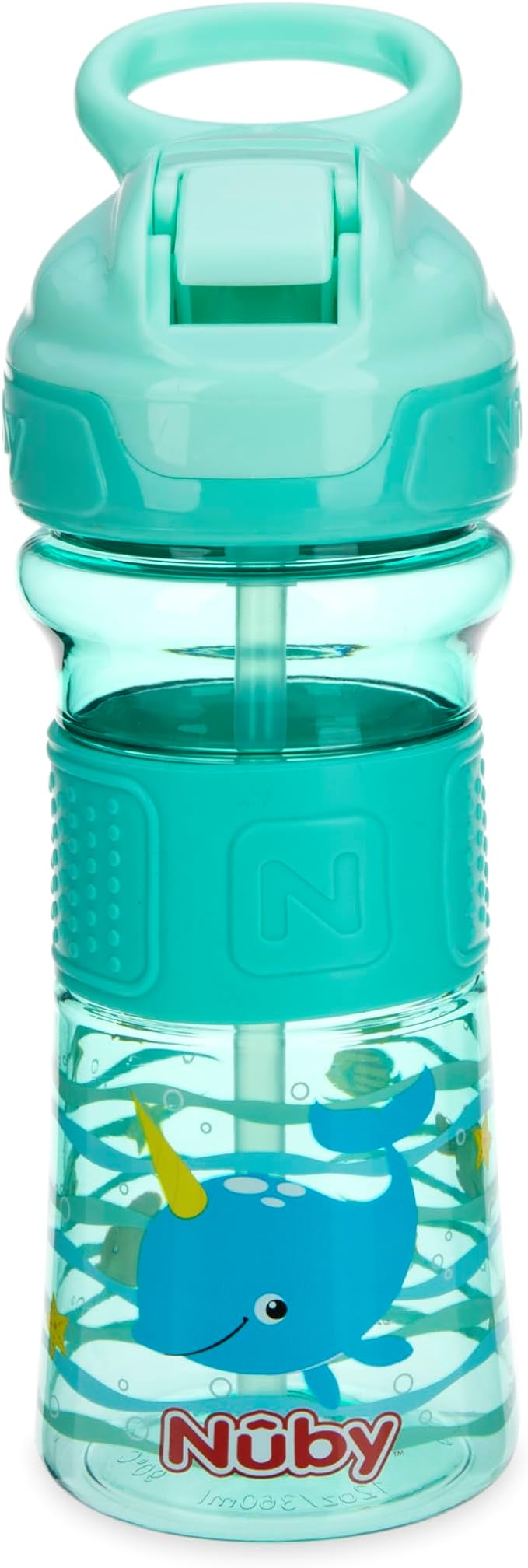 Nuby Thirsty Kids Push Button Flip-it Soft Spout on The Go Water Bottle with Easy Grip Band, 12oz, Narwahl