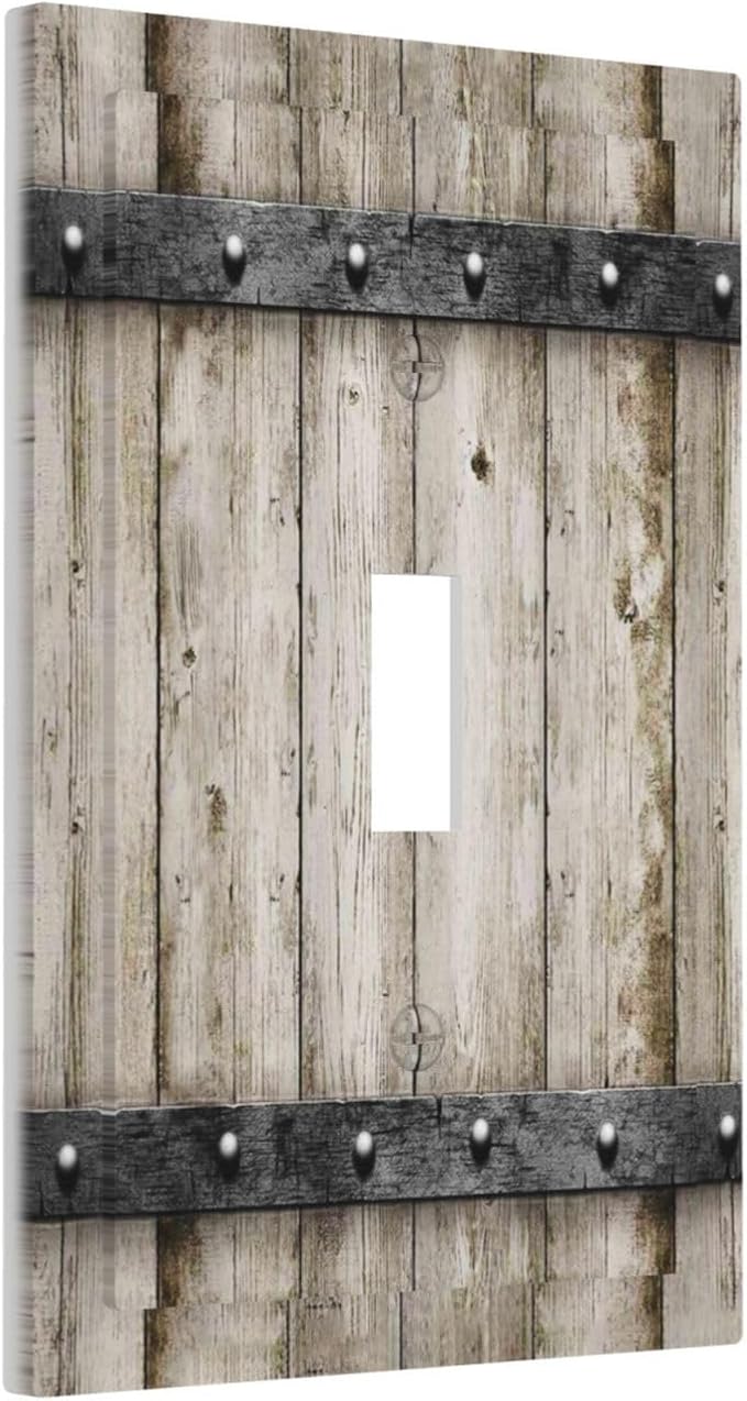 Vintage Rustic Western Country Farmhouse Wooden Barn Cabin Garage Wood Door 1 Gang Single Toggle Electrical Outlet Light Switch Wall Plate Receptacle Face Plate Cover Decorative One Device Switchplate