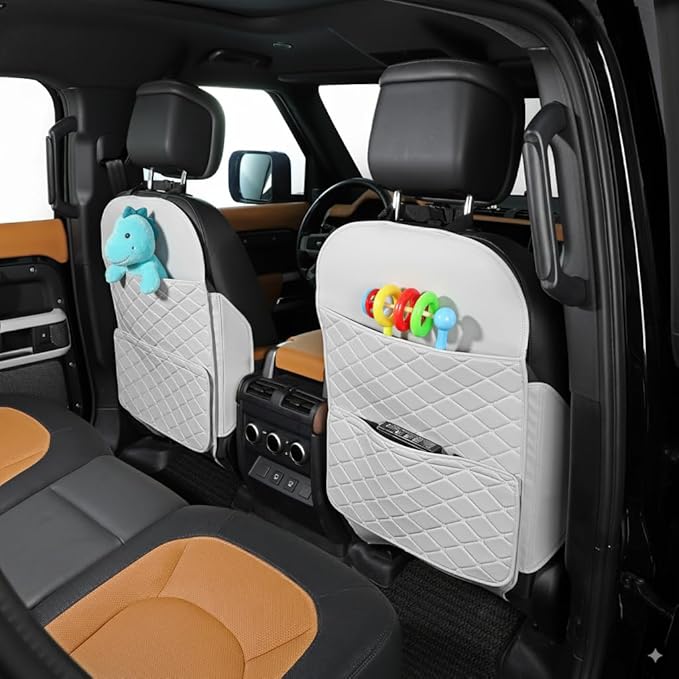 TAIKOO Seat Back Protector + Large Capacity Pocket Storage Organizer,Preventing the Impact of Children Stepping on the Seat Backrest (Cream White)
