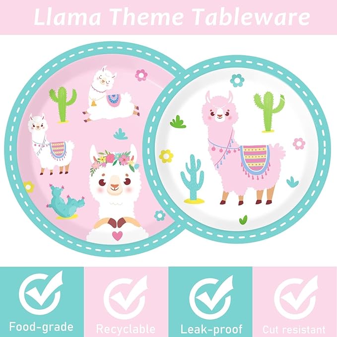 ZOIIWA 96 Pcs Llama Birthday Party Supplies for 24 Guests Alpaca Llama Birthday Plates Napkins Tableware Party Decorations Mexican Cactus Dinnerware Favor for Kids Girls Baby Showers