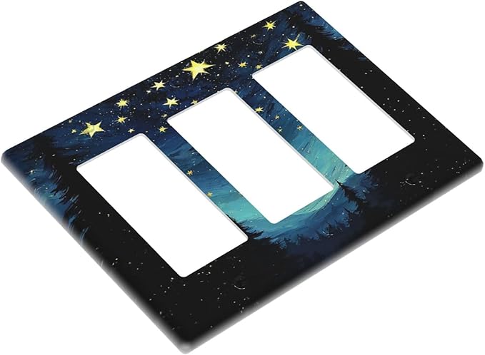 Light Switch Covers Blue Starry Sky Forest Painted Star Pine Tree Oil Painting 3 Gang Rocker Electrical GFCI Decorative Triple Outlet Wall Plate Cover Switchplate for Bedroom Cabin Decor
