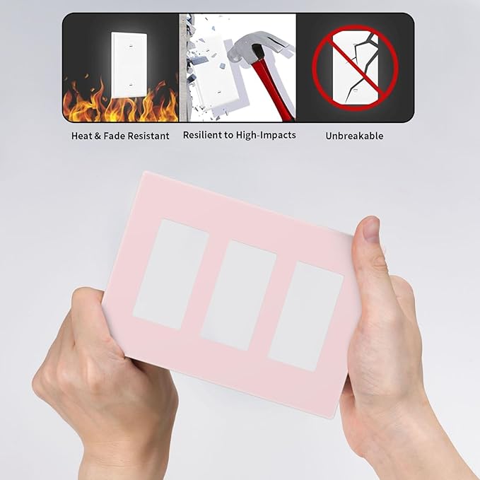 Pink Decorative 3 Gang Triple Decorator Light Switch Cover, Cute Girl Fashion Pretty Unique Light Pink Three Rocker/GFCI Wall Plate Electrical Switch Faceplate Dimmer