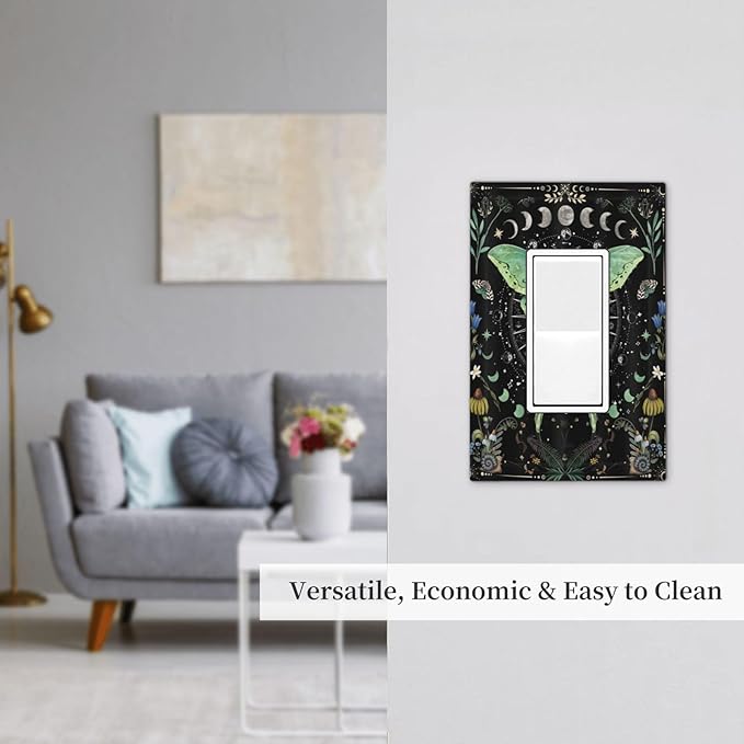 Moon Phase Butterfly Wildflower Plant Mysterious Night Moonlit Decorative Outlet Covers 1 Gang Single Rocker Light Switch Cover Plate Wall Plates GFCI Faceplate for Bedroom Living Room Decor