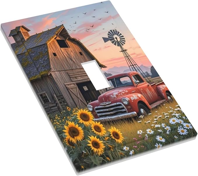 Rustic Barn Red Truck Windmill Sunflower Decorative Light Switch Cover 1 Gang Single Toggle Device Electrical Faceplate Switchplates Decorator Outlet Wall Plate for Farmhouse Home Decor