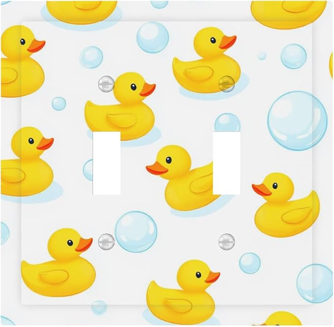 Cheerful Rubber Ducks & Bubbles Bath Time Double Toggle Switch Cover - 2-Gang Standard US Size Bathroom Funny Duck Light Switch Covers for Boys & Girls Bathroom Decor