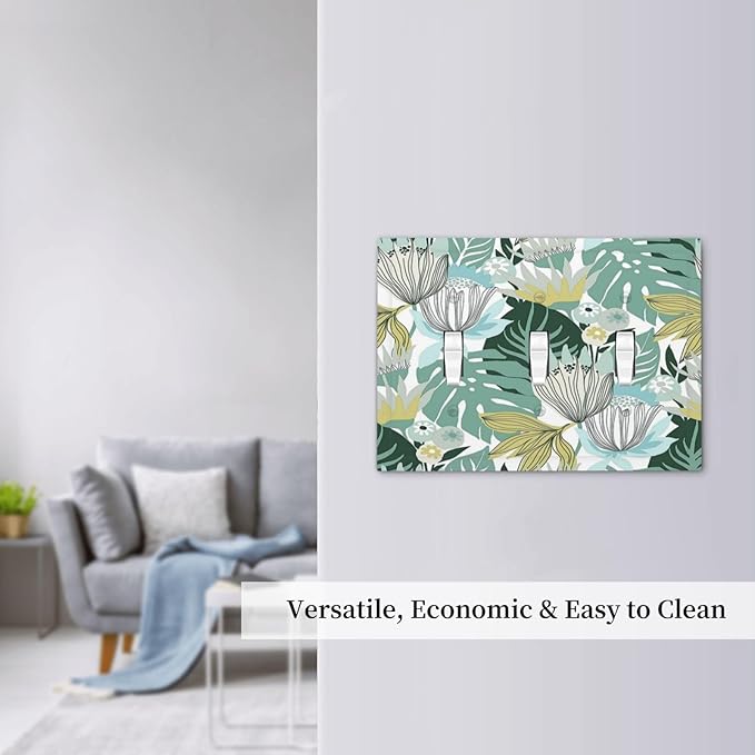 Retro Tropical Leaves 3 Gang Light Switch Cover Triple Toggle Wall Plates Decorator Receptacle Outlet Covers Electrical Switchplate Faceplate for Bedroom Bathroom Kitchen Decor