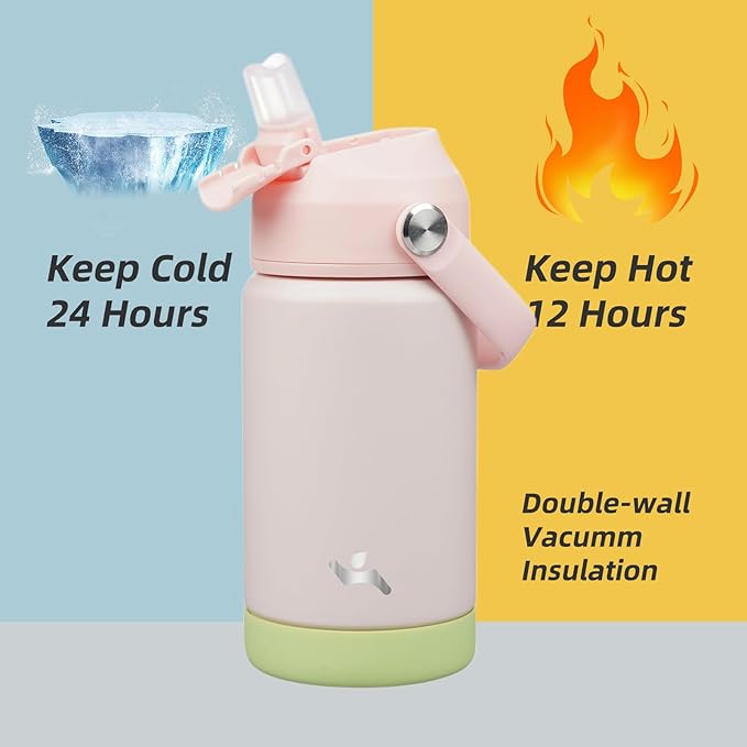 Konokyo Insulated Water Bottle with Straw Lid,12 oz Stainless Steel Vacuum Metal Bottle with Silicone Handle,Pearl