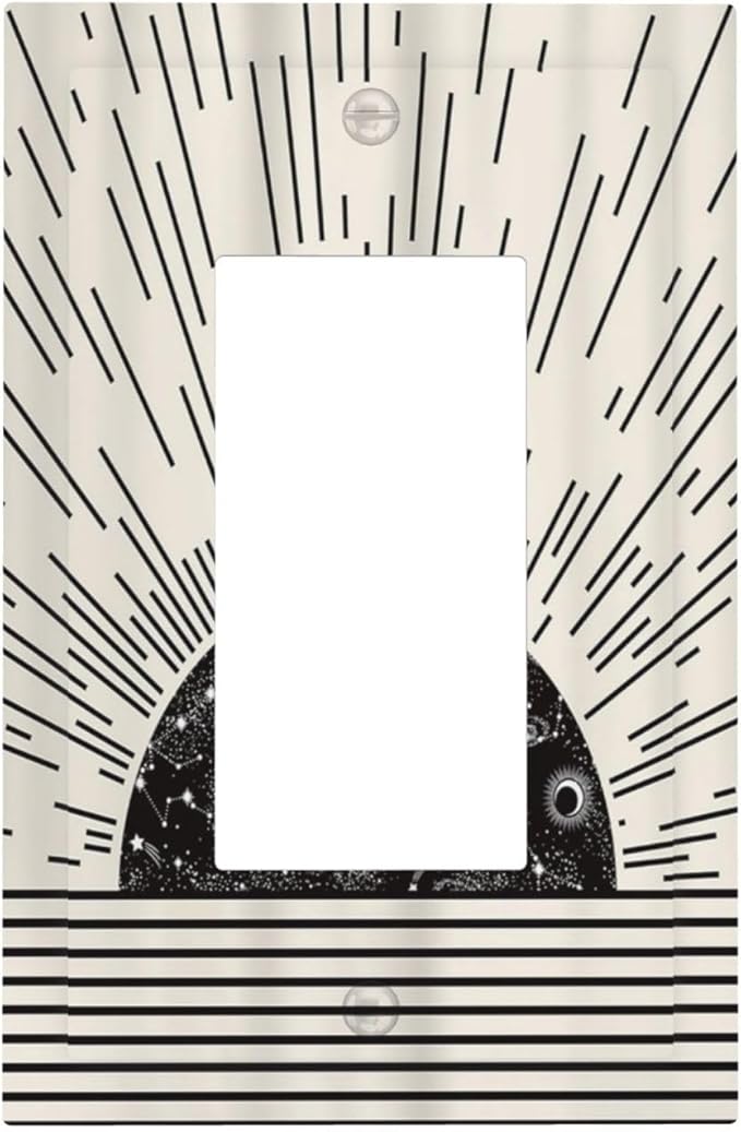 Mid Century Boho Sun Abstract Black Sunrise Horizon 1 Gang Rocker Light Switch Covers Single Decora Outlet Wall Plate Decorative Switchplate Faceplate GFCI for Kitchen Bathroom Bedroom Decor