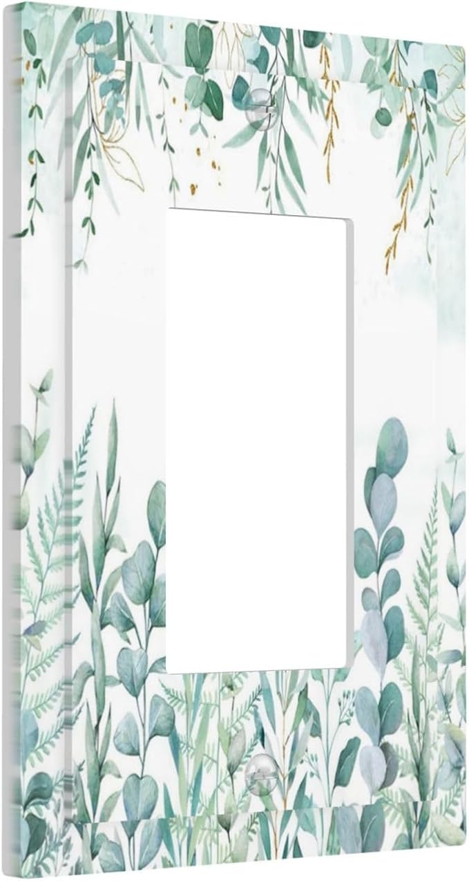 Boho Green Eucalyptus Leaf Floral Sage Flower Decorative Outlet Covers 1 Gang Single Rocker Light Switch Cover Plate Wall Plates GFCI Faceplate for Bedroom Living Room Decor