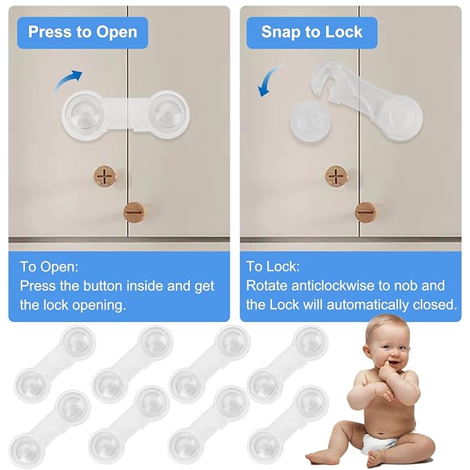 8 Pack Cabinet Door Locks for Baby Proof and Child Safety Cabinet Locks with Adhesive Childproof Door Latch Child Safety Locks for Kitchen Drawer Cupboards Fridge Closet Pantry