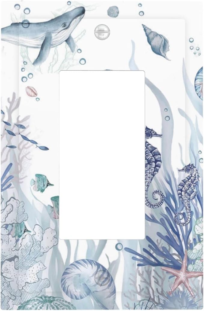 Ocean Themed Coral Seahorse Seashell Starfish Beach Decorative Outlet Covers 1 Gang Single Rocker Light Switch Cover Plate Wall Plates GFCI Faceplate for Bathroom Home Decor