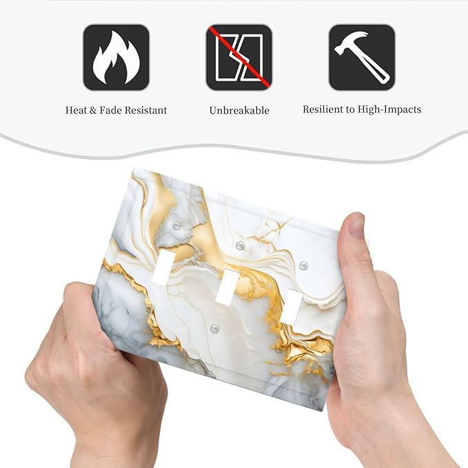 Exquisite White Gold Marble Abstract Luxurious Print Decorative Switch Plates 3 Gang Wall Plate Triple Toggle Light Switch Cover Faceplate Electrical Wall Panels for Bathroom Kitchen Decor
