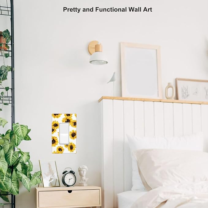 Sunflower Single Rocker Light Switch Cover, Yellow Floral White Sunflowers 1-Gang Decorator Wall Plate for Farmhouse Home Bedroom Decor