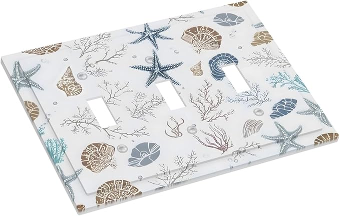 Ocean Starfish Seashells Nautical Coastal Sea Coral Decorative Switch Plates 3 Gang Wall Plate Triple Toggle Light Switch Cover Faceplate Electrical Wall Panels for Kids Room Nursery Decor