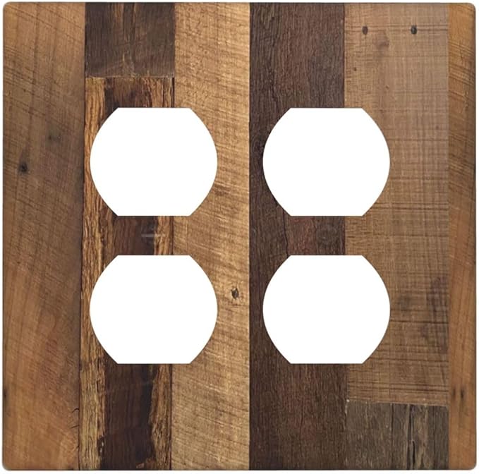 Outlet Covers Natural Wood Brown Wooden Planks 2 Gang Double Duplex Decorative Light Switch Covers Electrical Wallplates Socket Faceplate For Farmhouse Cabin Decor
