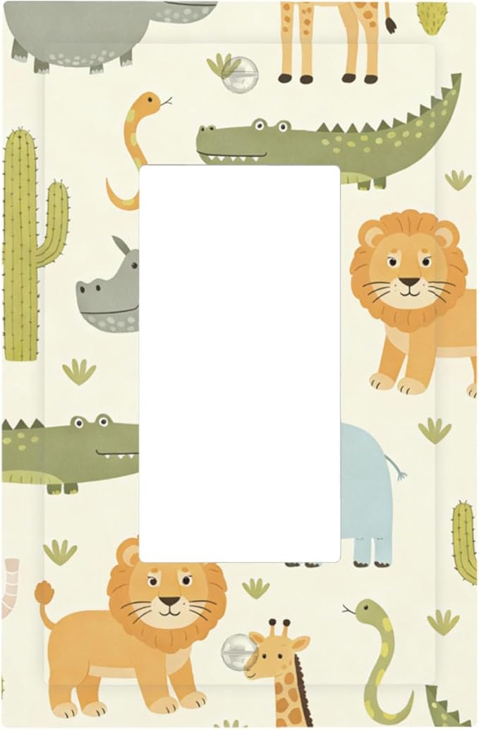 African Safari Animals Single Rocker Switch Cover - 1-Gang Standard US Size Cute Hippo Crocodile Lion Elephant And Giraffe Funny Wildlife Light Switch Covers for Boys & Girls Room Decor