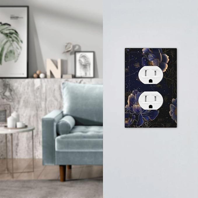 Navy Blue Floral Vintage Flower Dark Watercolor Outlet Covers 1 Gang Duplex Light Switch Cover Decorative Switch Plates Electrical Receptacle Faceplate Wall Plate for Bedroom Living Room Decor