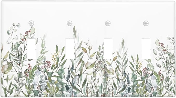 Wildflower Garden Rustic Green Leaf Floral Light Switch Covers Quad Toggle Electrical Faceplate 4 Gang Wall Plate Decorative Switch Plates for Bed Room Living Room Decor